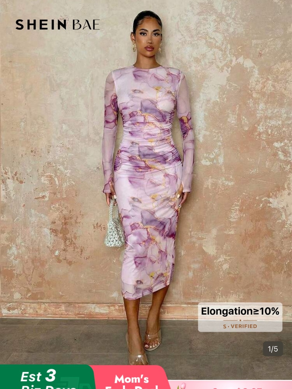 SHEIN Lavender Marble-Print Long Sleeve Midi Dress